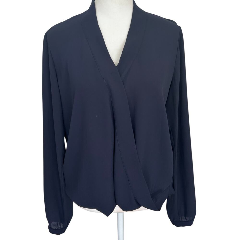 Veronica M. Navy Blue V-Neck Drape Front Long Blouse Top Womens Size Small